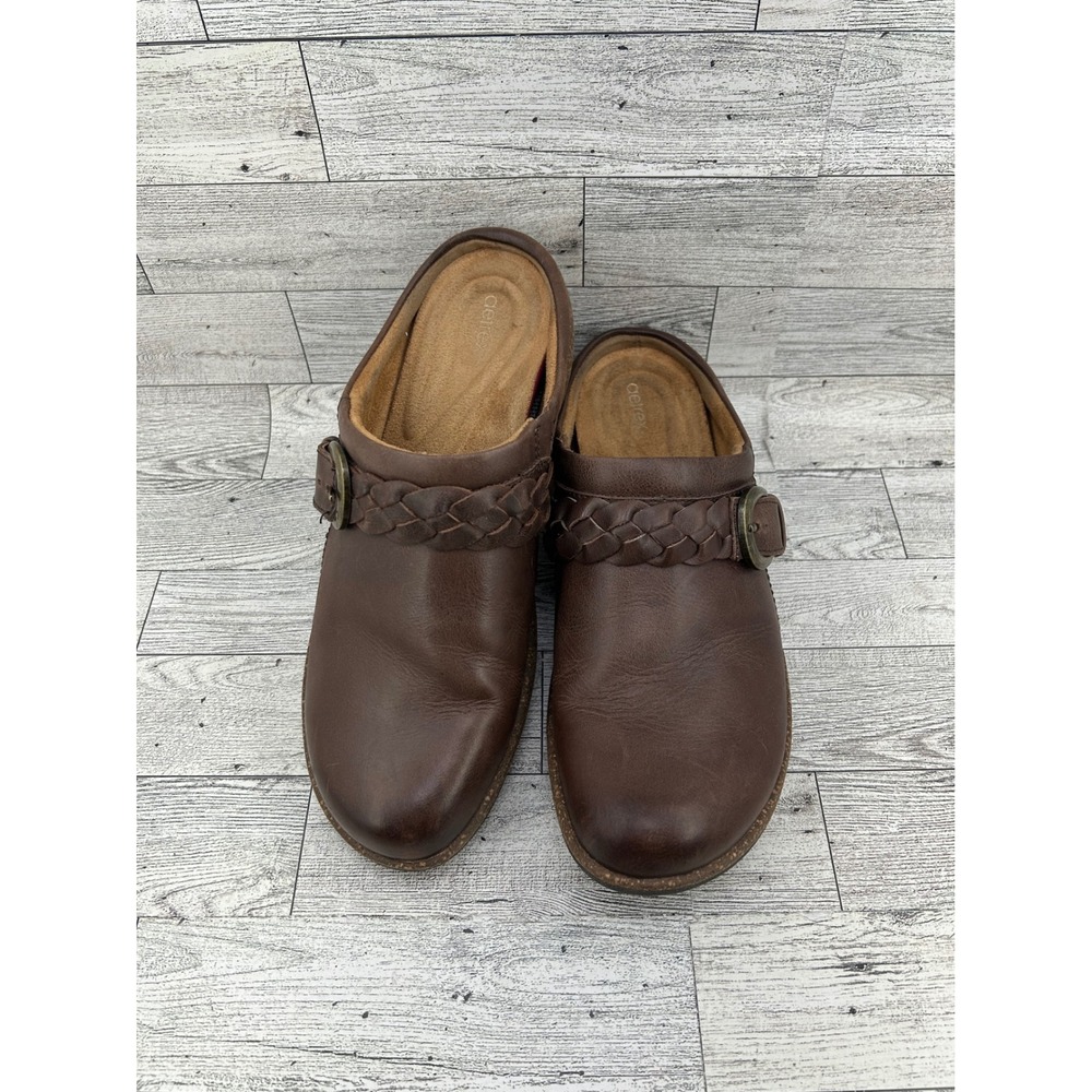 Aetrex Brown Leather Braided Buckle Clogs Slip On Mule Shoes Women Size 7